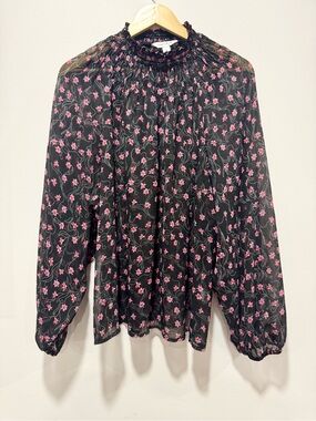 Elizabeth and James Pink Floral Smocked Mock Neck Blouse Sheer Size XL